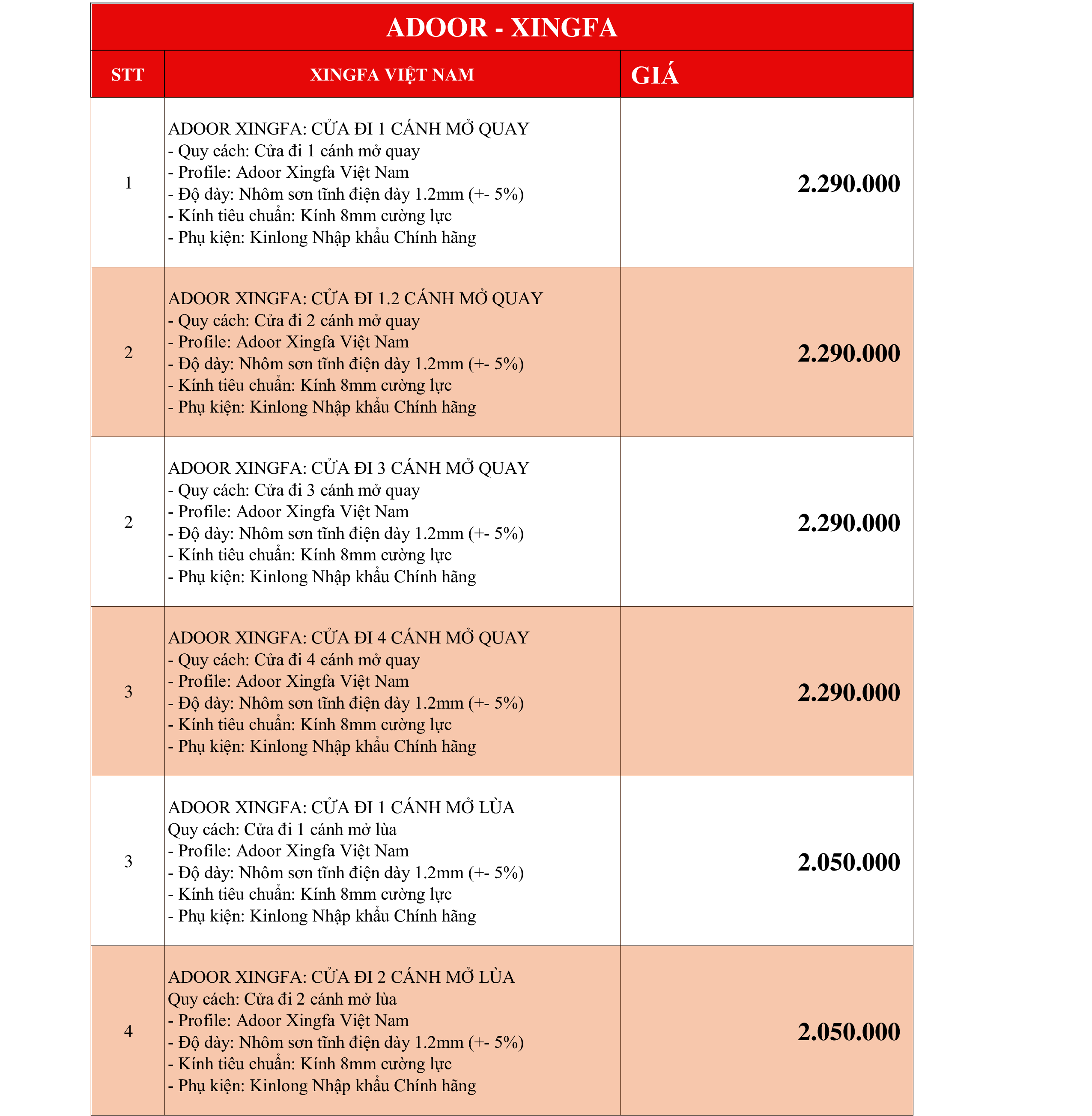 Giá cửa nhôm Xingfa Việt Nam