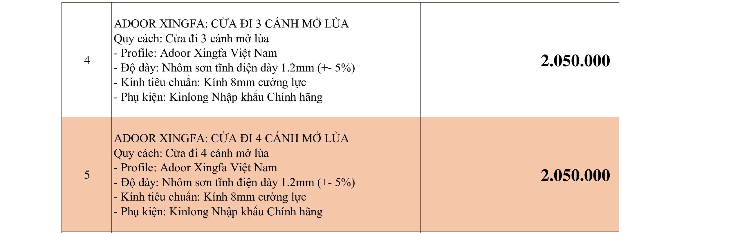 Giá cửa nhôm Xingfa Việt Nam