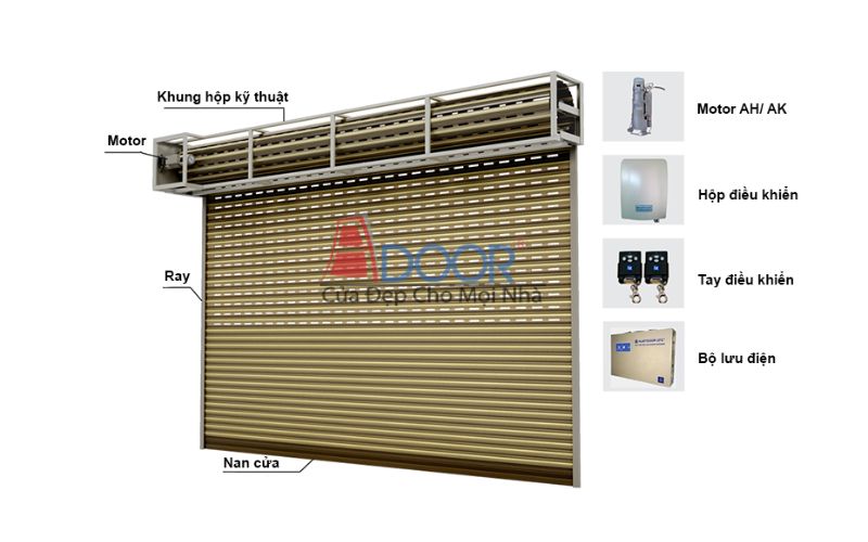 Cấu tạo chi tiết cửa cuốn khe thoáng Adoor gồm thân cửa, motor, ray dẫn hướng và hộp điều khiển