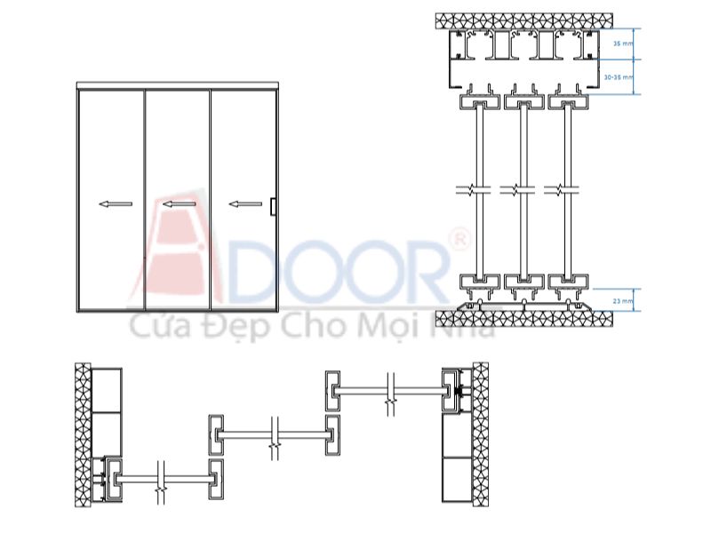 hình ảnh minh họa các bộ phận chính của cửa nhôm slim Adoor