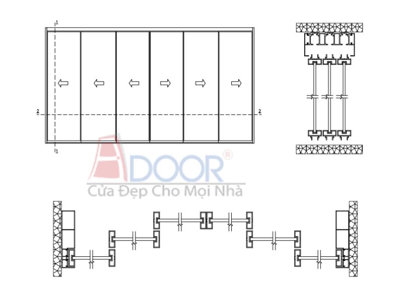 Hình vẻ minh họa cấu trúc cửa slim mở trượt 6 cánh
