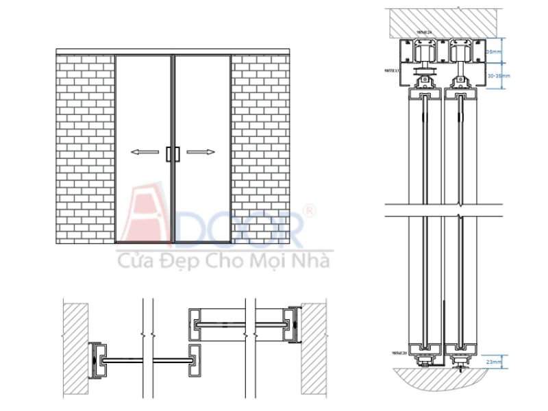 Bản vẻ minh họa khung cửa slim 2 cánh mở lùa