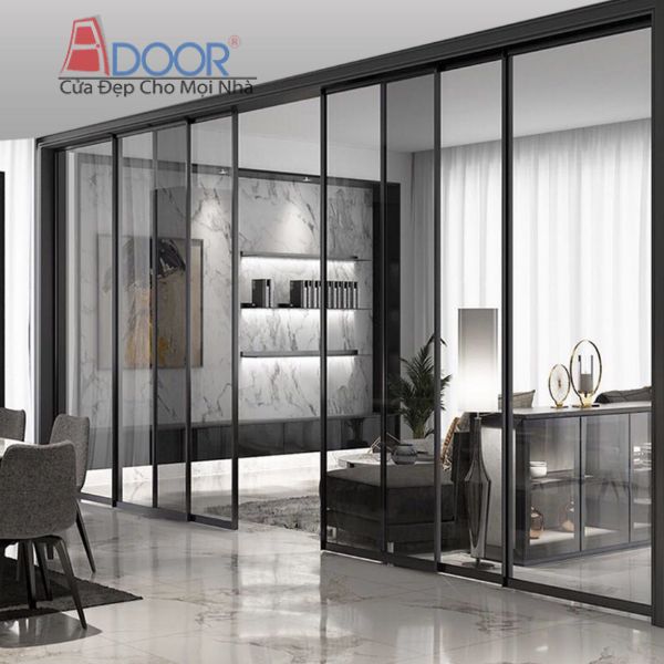 Cửa lùa hai bên Adoor nhôm kính slim, tạo lối đi rộng rãi