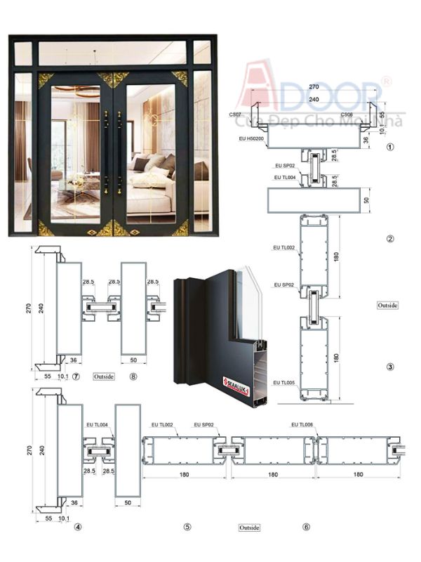 Bản vẽ kỹ thuật chi tiết của khung nhôm định hình dùng cho cửa thủy lực