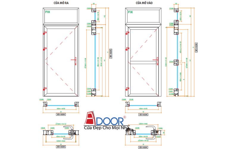 Mô hình cửa đi 1 cánh mở quay (cửa mở ra và mở vào)
