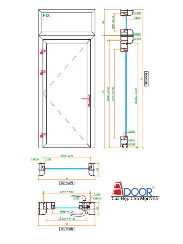Mô hình tổng thể của cửa đi một cánh mở quay