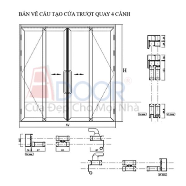 Bản vẽ cấu tạo cửa trượt quay 4 cánh