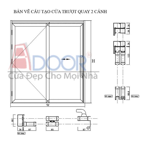 Bản vẽ cấu tạo cửa trượt quay 2 cánh