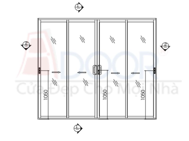 Bản vẽ minh họa hình dáng cửa nhôm Xingfa 4 cánh lùa