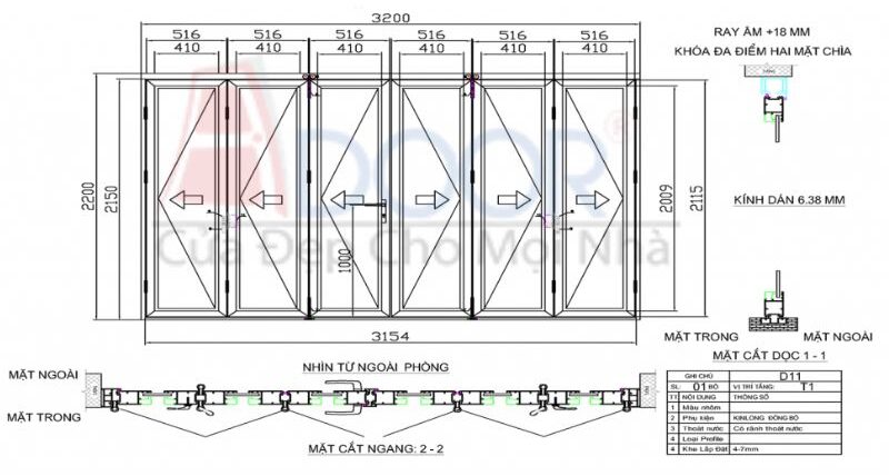 Bản vẽ kỹ thuật chi tiết của cửa nhôm Xingfa xếp trượt, thể hiện cấu trúc và kích thước