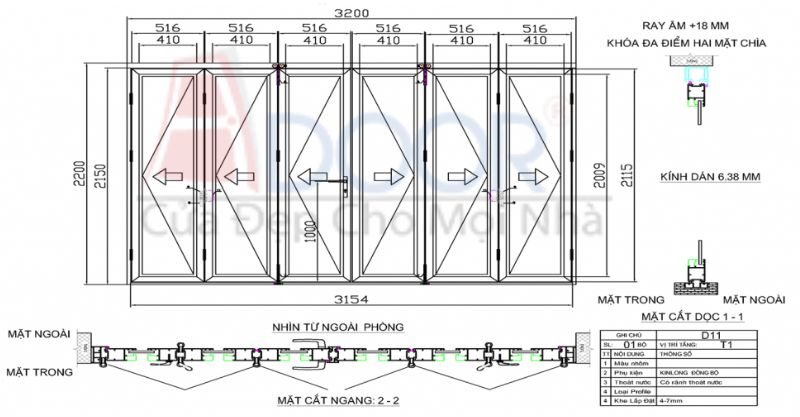 Cấu tạo chi tiết của cửa nhôm Xingfa xếp trượt được thể hiện rõ qua bản vẽ kỹ thuật chuyên nghiệp