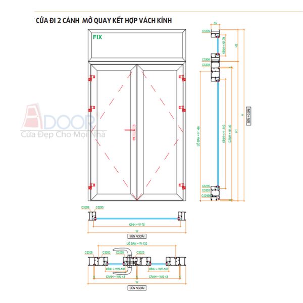 Hình vẽ cửa nhôm Xingfa 2 cánh mở quay chi tiết, giúp khách hàng dễ dàng hình dung thiết kế và cấu trúc của sản phẩm