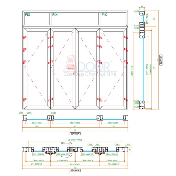 Mô phỏng hoàn hảo cửa nhôm Xingfa 4 cánh qua hình vẽ kỹ thuật, đảm bảo độ chính xác cao