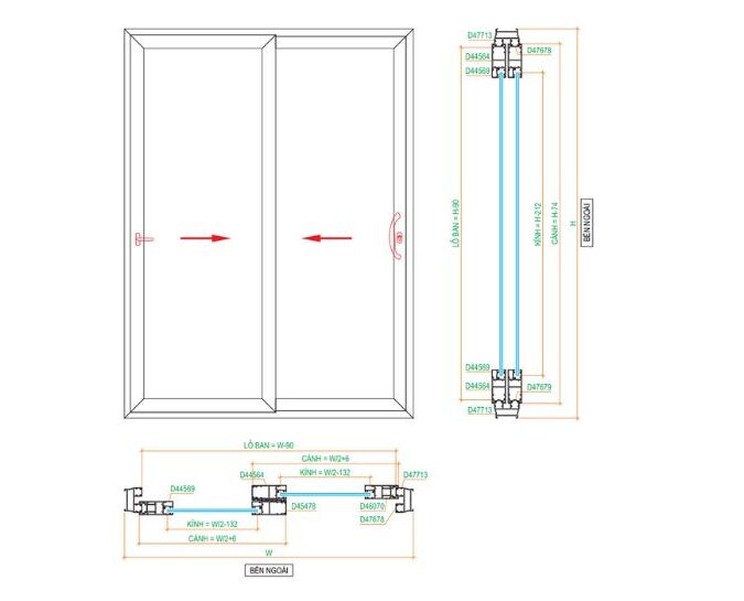 Hình vẽ mô phỏng cửa lùa Xingfa 2 cánh, đảm bảo độ chính xác khi thi công