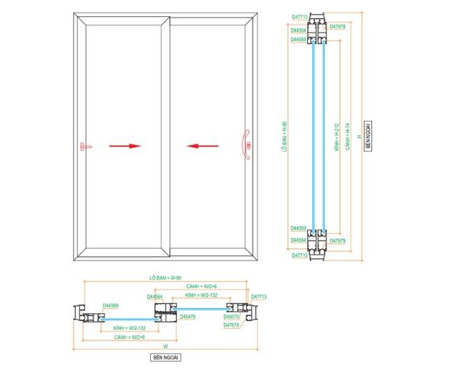 Bản vẽ thể hiện rõ cấu trúc và kích thước chuẩn của cửa lùa nhôm Xingfa 2 cánh