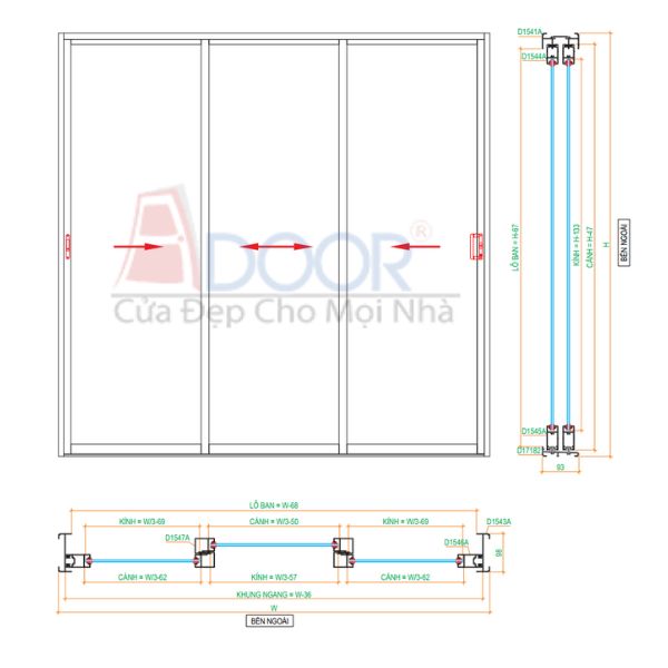 Bản vẽ chi tiết kích thước, cấu tạo khung và kính
