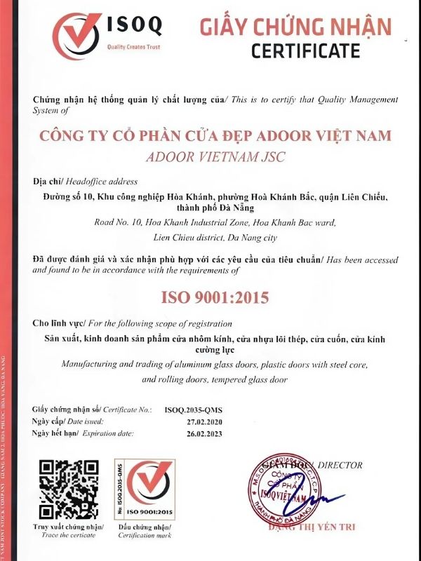 Giấy chứng nhận ISO 9001:2015 của Adoor