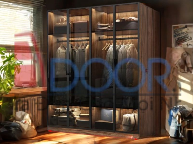 Giá tủ quần áo cánh kính Adoor gỗ MDF màu nâu vân gỗ phối đèn LED