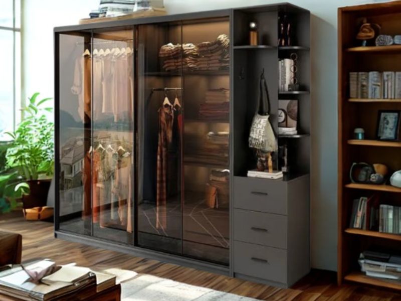 Giá tủ quần áo cánh kính Adoor gỗ MDF màu xám chi
