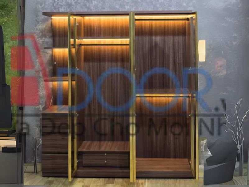 Giá tủ quần áo cánh kính Adoor khung gỗ MDF đèn Led hiện đại rẻ