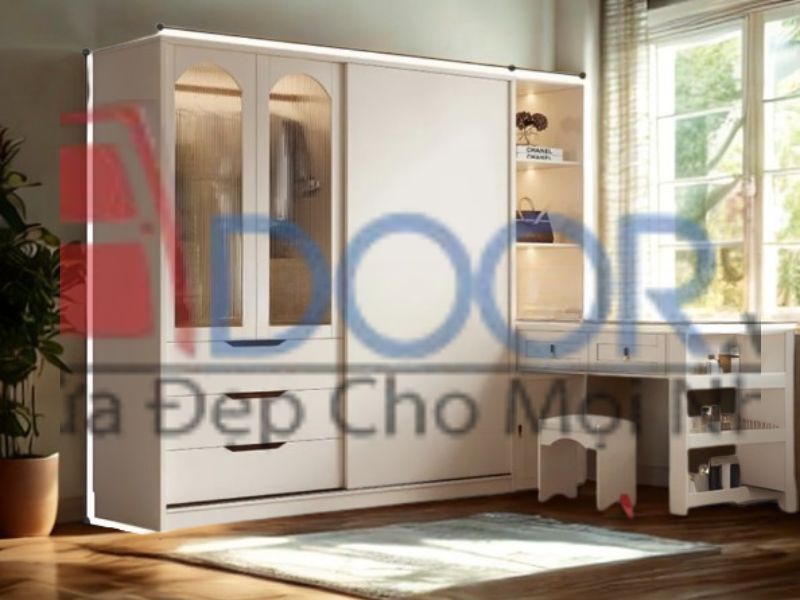 Giá tủ quần áo cánh kính Adoor màu gỗ công nghiệp hiện đại