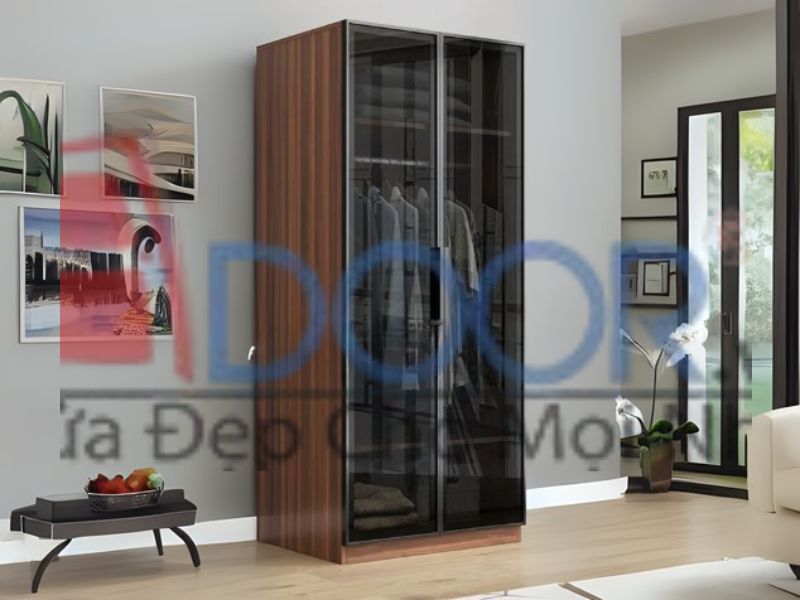 Giá tủ quần áo cánh kính Adoor màu nâu vân gỗ kết hợp kính đen