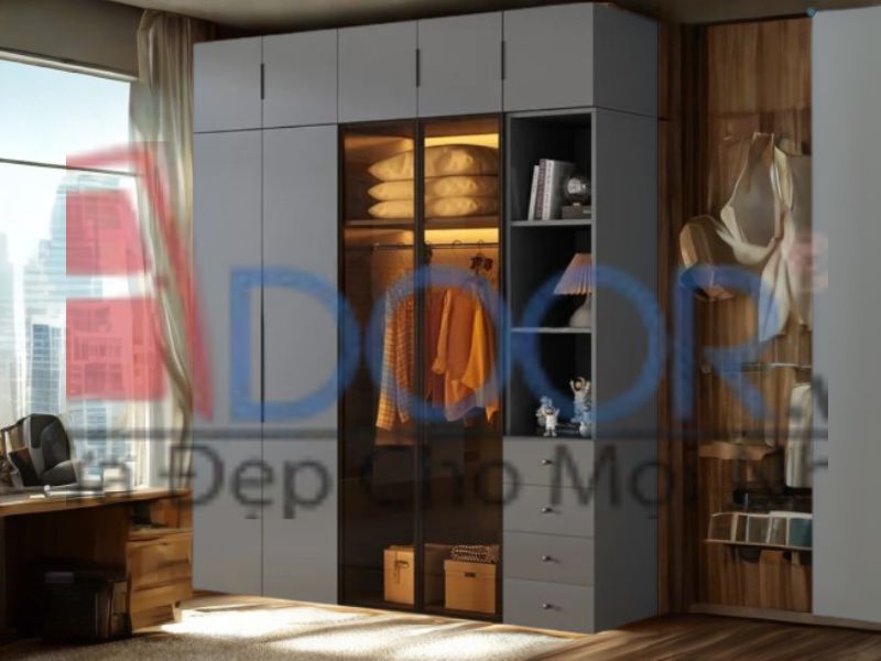 Giá tủ quần áo cánh kính Adoor màu xám chì có đen LED hiện đại