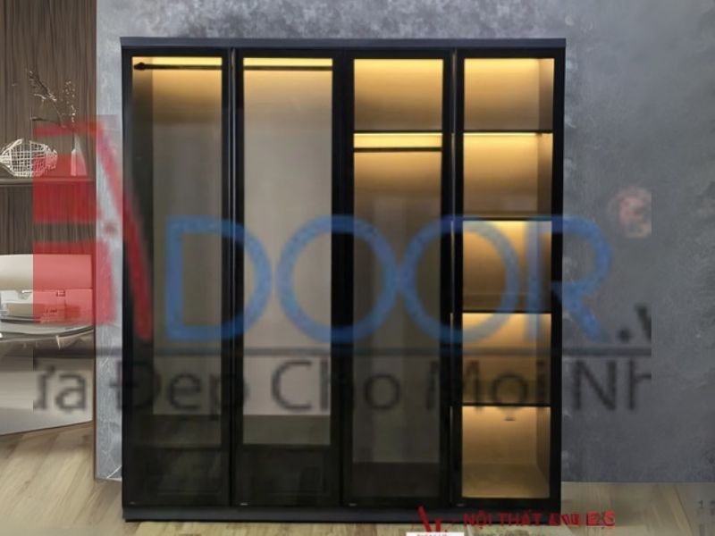 Giá tủ quần áo cánh kính cường lực Adoor có đèn LED hiện đại