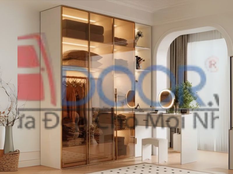 Giá tủ quần áo cánh kính kết hợp bàn trang điểm tân tiến Adoor