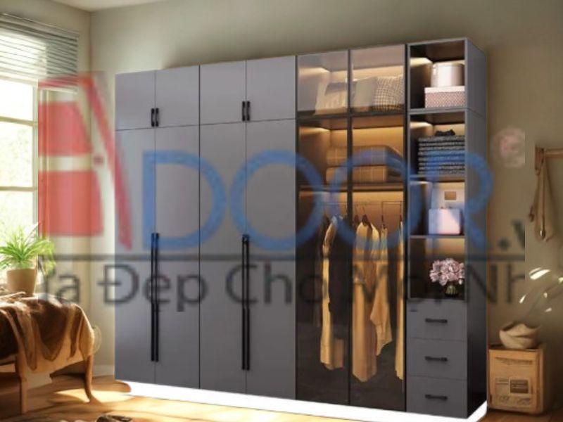 Giá tủ quần áo cánh kính màu xám có đèn Led Adoor