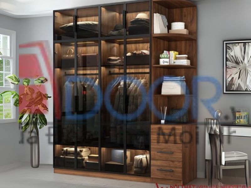 Mẫu tủ quần áo cánh kính Adoor gỗ MDF màu nâu vân gỗ phối đèn LED