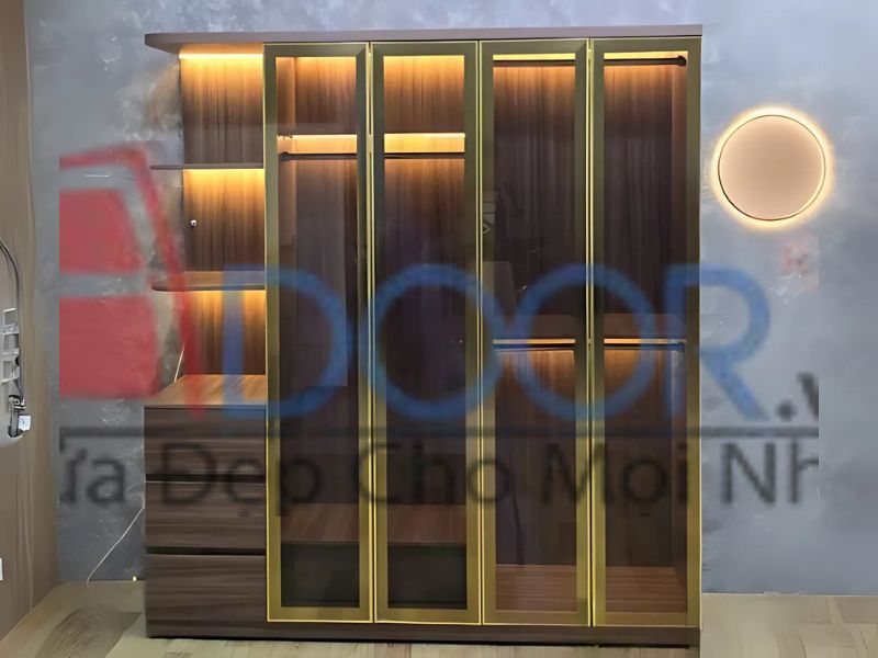 Mẫu tủ quần áo cánh kính Adoor khung gỗ MDF đèn Led hiện đại rẻ