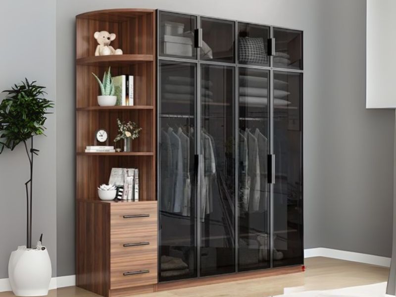 Mẫu tủ quần áo cánh kính Adoor màu nâu vân gỗ kết hợp kính đen