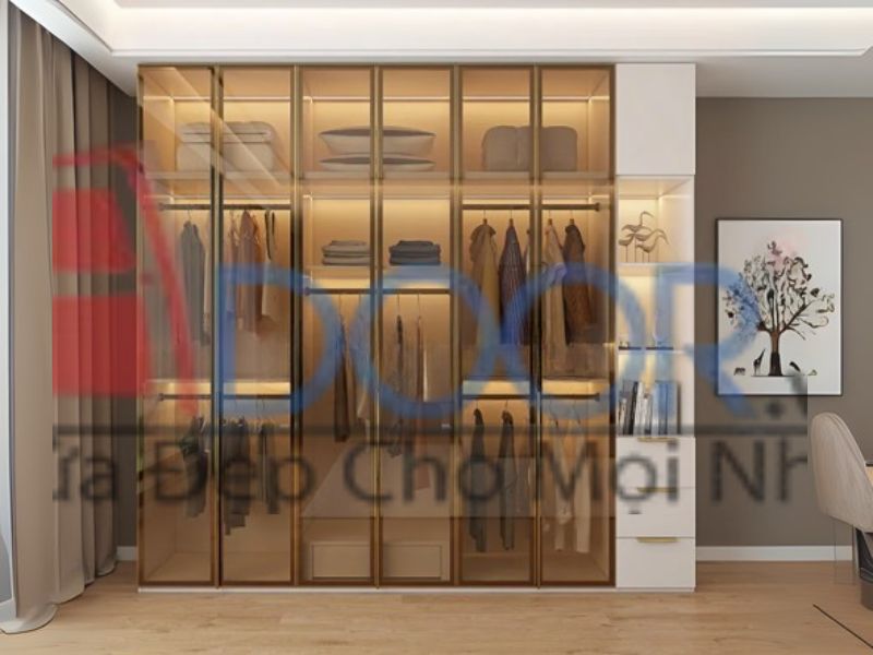 Mẫu tủ quần áo cánh kính cường lực Adoor khung gỗ MDF
