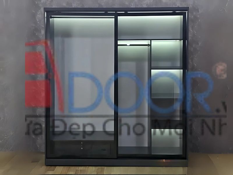 Mẫu tủ quần áo cánh kính lùa Adoor khung gỗ công nghiệp màu xám