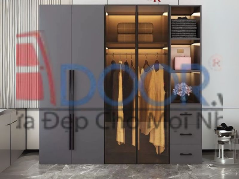 Mẫu tủ quần áo cánh kính màu xám có đèn Led Adoor
