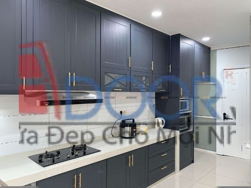 Mẫu 5 Tủ bếp nhôm kính chữ I tại Adoor