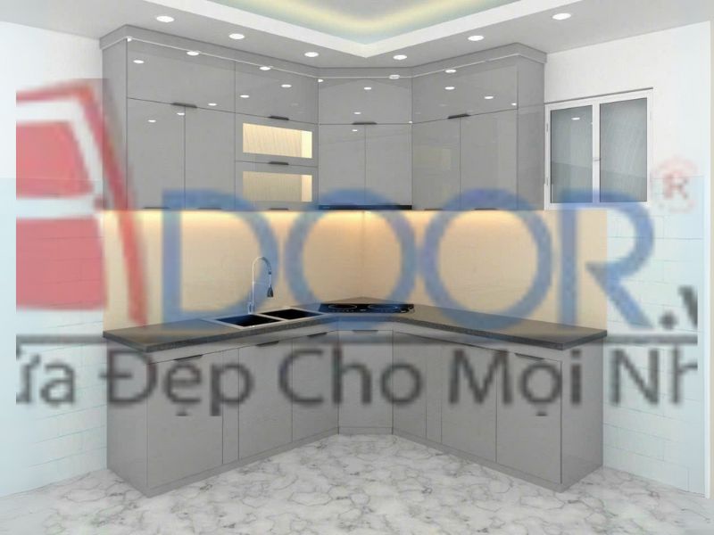 Mẫu 2 Tủ bếp nhôm kính chữ L tại Adoor