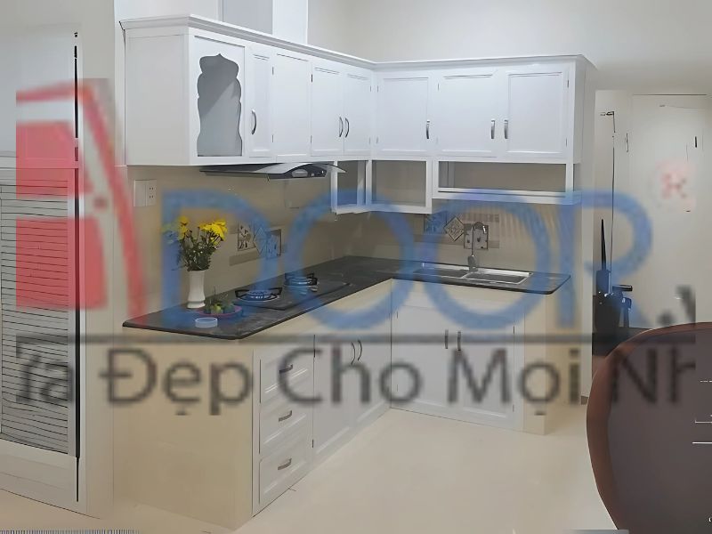 Mẫu 3 Tủ bếp nhôm kính chữ L tại Adoor