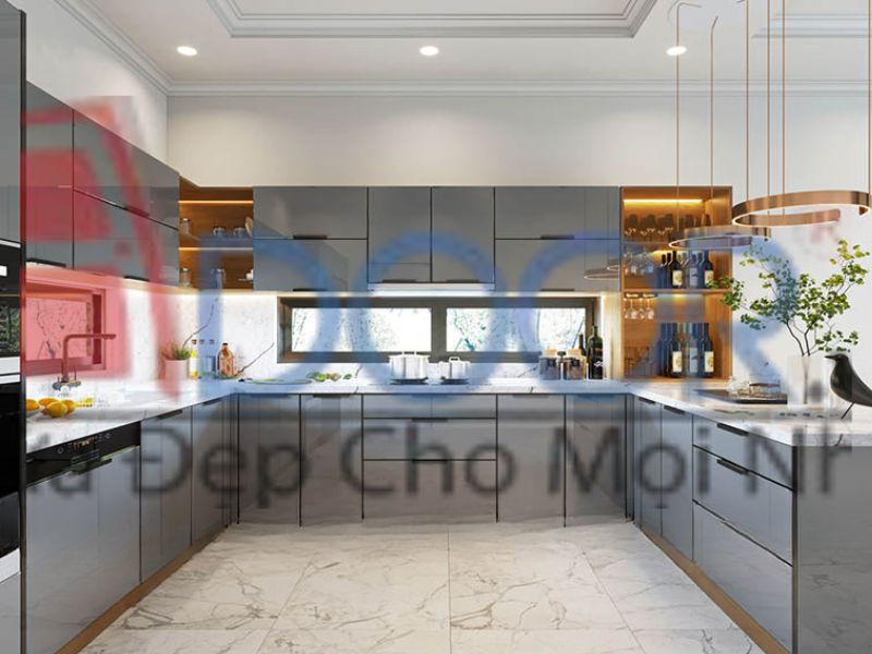 Mẫu 2 Tủ bếp nhôm kính chữ U tại Adoor