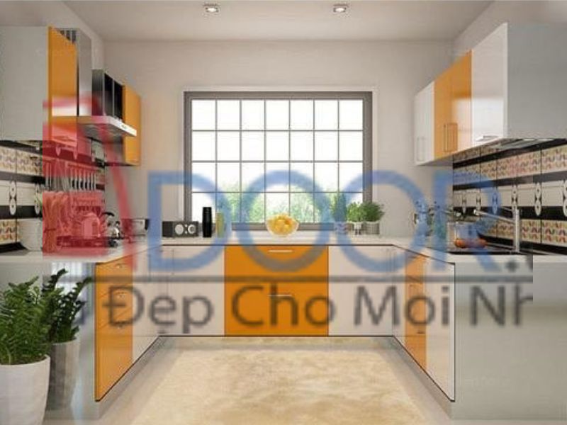 Mẫu 1 Tủ bếp nhôm kính chữ U tại Adoor