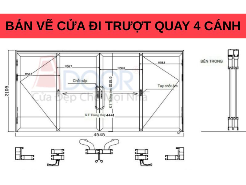 Bản vẽ kỹ thuật cửa đi trượt quay 4 cánh Bản vẽ kỹ thuật cửa đi trượt quay 4 cánh