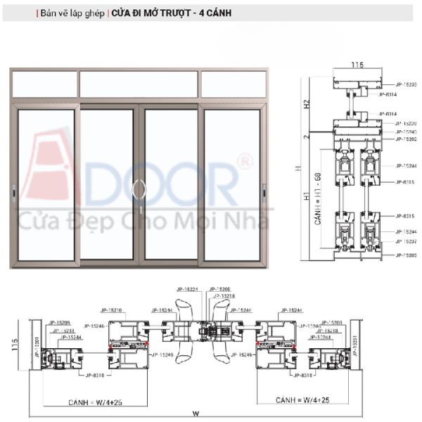 Bản vẽ kỹ thuật cửa nhôm Maxpro 4 cánh