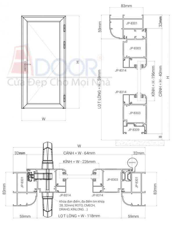 Bản vẻ kỹ thuật cửa nhôm Maxpro 1 cánh mở quay Bản vẻ kỹ thuật cửa nhôm Maxpro 1 cánh mở quay