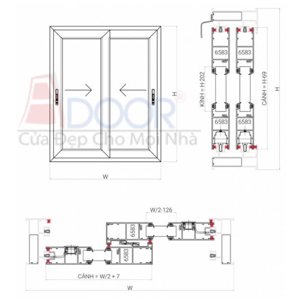 Bản vẽ cửa nhôm maxpro 2 cánh mở lùa