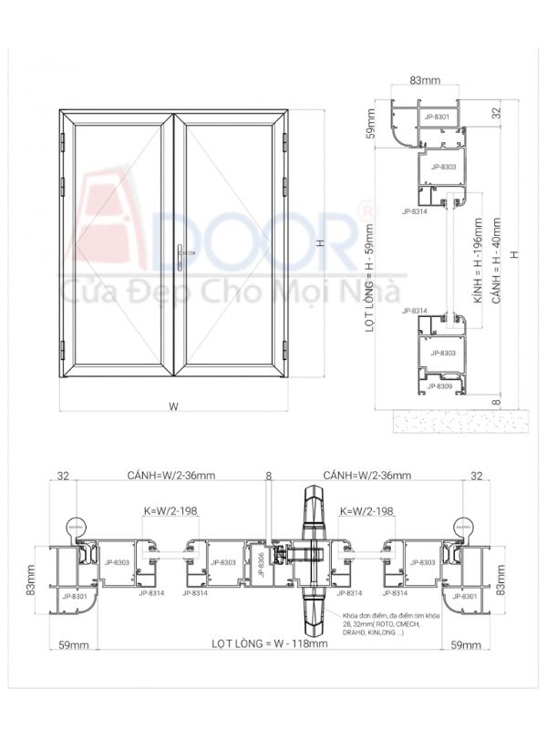 Bản vẻ kỹ thuật cửa nhôm Maxpro 2 cánh mở quay Bản vẻ kỹ thuật cửa nhôm Maxpro 2 cánh mở quay
