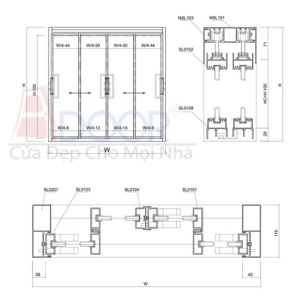 Bản vẽ kỹ thuật cửa slim mở lùa (mở trượt) tại Adoor Bản vẽ kỹ thuật cửa slim mở lùa (mở trượt) tại Adoor