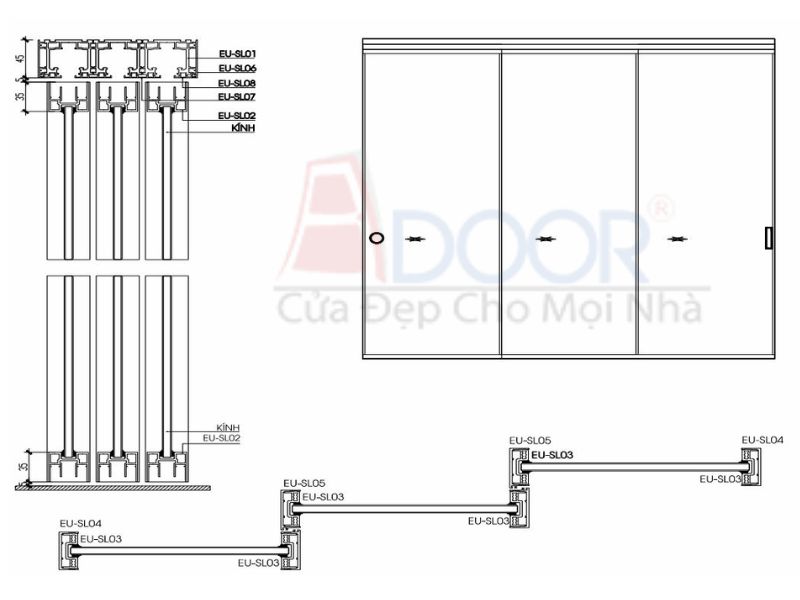Bản vẽ kỹ thuật cho dòng cửa nhôm slim mở lùa 3 cánh