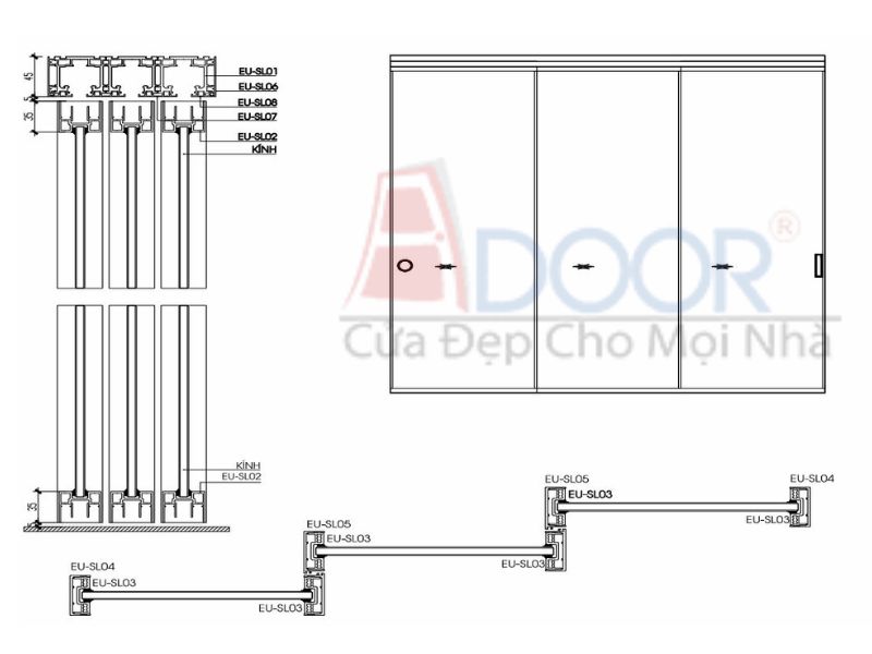 Bản vẽ kỹ thuật cửa slim 3 cánh mở lùa tại Adoor Bản vẽ kỹ thuật cửa slim 3 cánh mở lùa tại Adoor