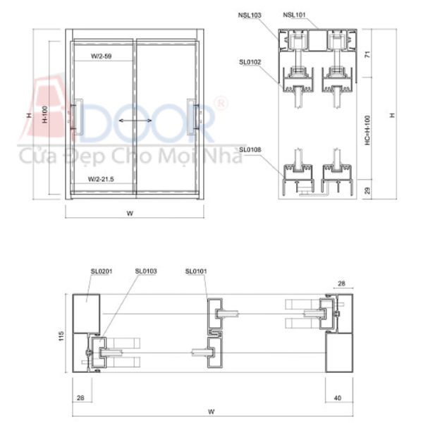 Bản vẽ minh họa cửa slim 2 cánh mở lùa